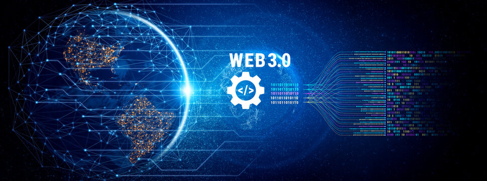 The concept of Web 3.0 development and decentralized data processing. The flow of binary code and information in the next generation internet. Motif - Powered by Adobe