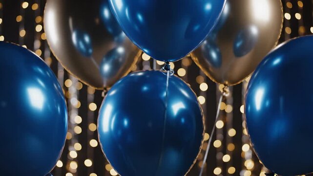 Dramatic slow motion close-up shot of shiny metallic cobalt blue balloons slightly bumping each other in a dark celebratory environment texture, moody, gala