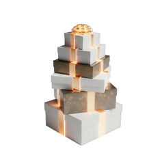 Elegant Stacked Gift Boxes with Golden Ribbon and Soft Lighting