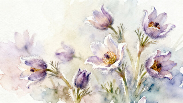 Soft Violet Pasque Flowers (Pulsatilla) Watercolor Illustration ,Ethereal Lavender Wildflowers on a Misty Wash Background ,Purple Spring Blooms with Textured Petals