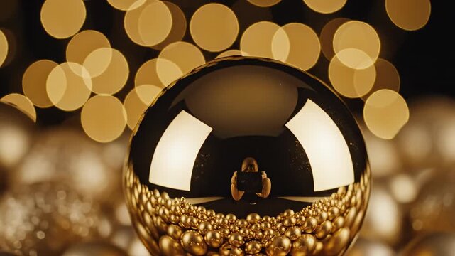 Dramatic slow motion focus pull shot racking from blurred gold bokeh lights in the background to a sharply defined shiny generic golden ornament premium, golden, smooth