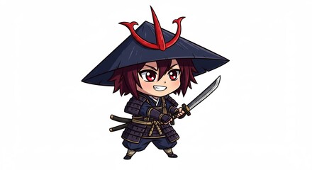 刀を力強く構える可愛いちび侍 躍動感あふれる日本風イラストで戦闘準備は万端. AI Generated