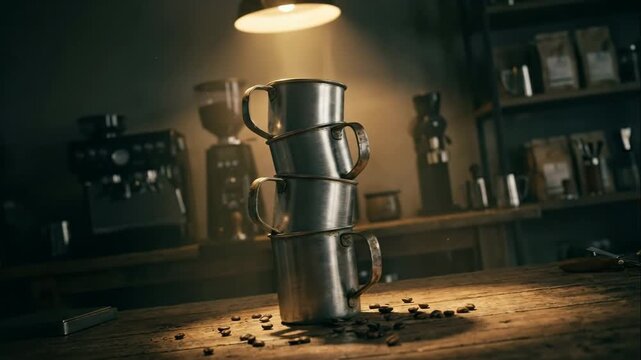 Stack of metal coffee mugs on a rustic wooden table with scattered beans. Steam rising from hot cups in a moody cafe setting. Cinematic shot with dramatic lighting and dust particles
