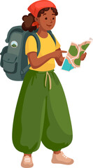 Flat style illustration of a young traveler with a backpack holding a map and planning a route.