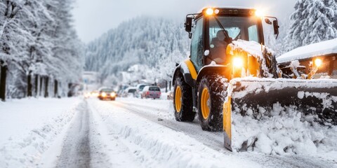 Snowplow clearing road during winter landscape