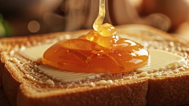 Dramatic slow motion macro shot of orange marmalade being dropped onto a hot slice of freshly buttered toast causing subtle steam to rise isolated, cooking, heat