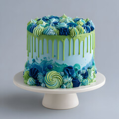 Vibrant_solid_blue_cake_add_green_cake_drip_on blue color birthday cake with candles
