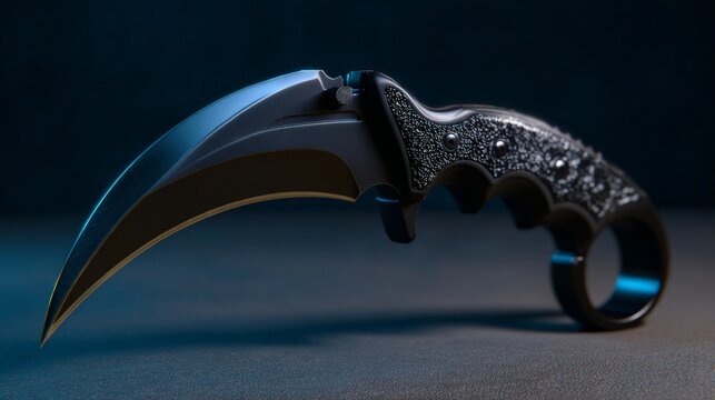 Curved blade tactical karambit knife with dramatic lighting for self defense