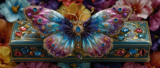 Fototapeta premium AI generator image of Colorful gemstone butterfly brooch, hair accessories costume jewelry butterfly brooch adorned with colorful gemstones, inspired by a work of art.