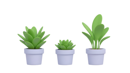 Three stylized potted plants isolated on a black background for simple design