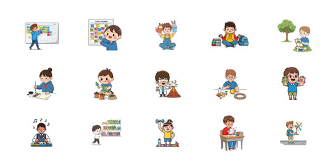 A set of 12 colorful cartoon stickers featuring a young girl in various daily life scenes and activities