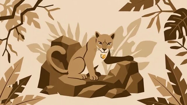 Cartoon Mountain Lion in Lush Jungle Vegetation with Decorative Necklace and Foliage