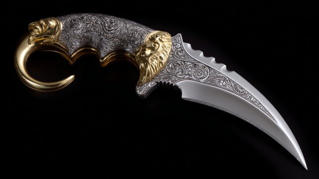 Elegant karambit knife with ornate engravings and golden details for collectors and enthusiasts