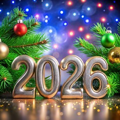 free New silver or Golden latter happy new year 2026 text and numbers with falling confetti isolated on colorful background