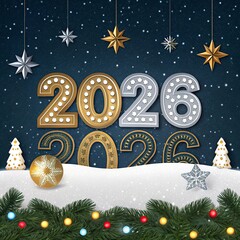 free New silver or Golden latter happy new year 2026 text and numbers with falling confetti isolated on colorful background