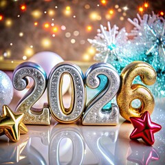 free New silver or Golden latter happy new year 2026 text and numbers with falling confetti isolated on colorful background