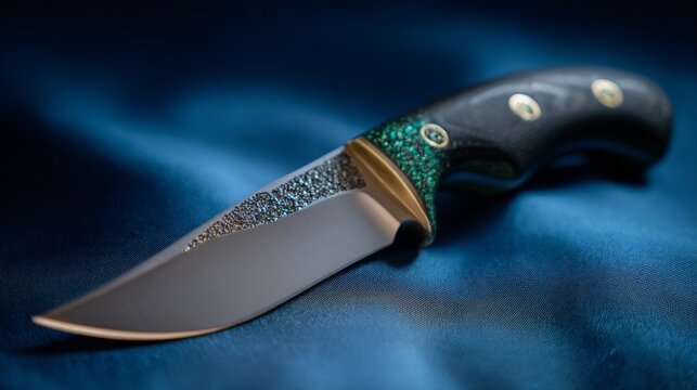 Elegant laura knife with micarta handle on blue silk background for product design and marketing
