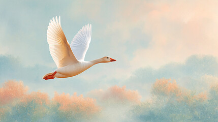 自然の中を自由に飛ぶガチョウの癒し系イラスト