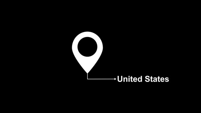 Abstract location of the city of United Started on black screen. The name of the place with the location icon animation. Country GPS location tracking icon. location pin appearing.