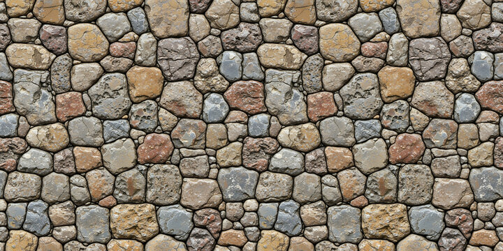 Seamless texture. Cobblestone wall made of multicolored natural stones with rough, weathered textures on a flat background. Concept of rustic architecture or construction