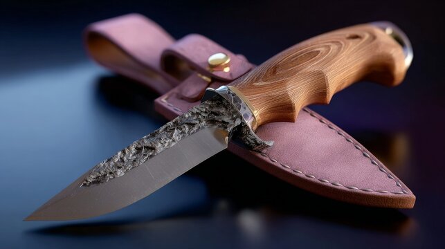 Fixed blade knife with sheath featuring rugged wooden handle and detailed craftsmanship