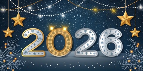free New silver or Golden latter happy new year 2026 text and numbers with falling confetti isolated on colorful background