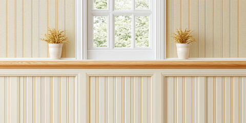 木製棚に観葉植物と窓があるミニマルなインテリア