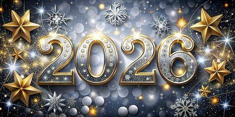 free New silver or Golden latter happy new year 2026 text and numbers with falling confetti isolated on colorful background