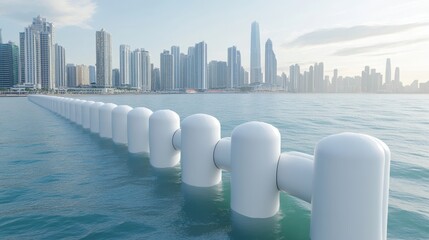 A row of white flood barriers stands in the water with a modern city skyline in the background