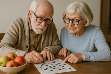 Senior couple solving crossword puzzle together at table