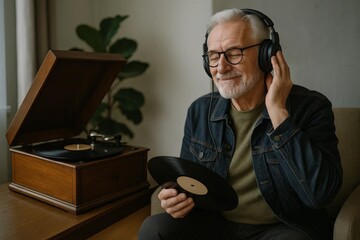 Senior man listens to music on headphones while holding a vinyl record near a turntable.