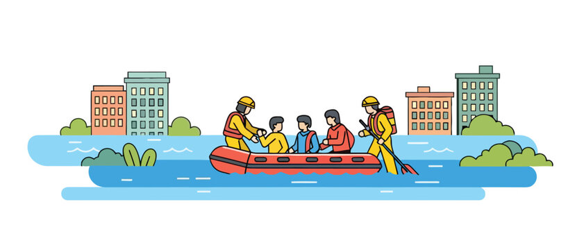 Illustration of a flood rescue operation showing people in a raft navigating a submerged city, symbolizing emergency response and community support during natural disasters