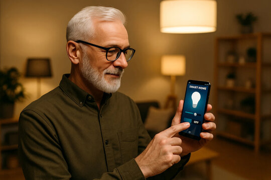 Senior man uses a smartphone smart home app to control room lighting indoors. - Powered by Adobe