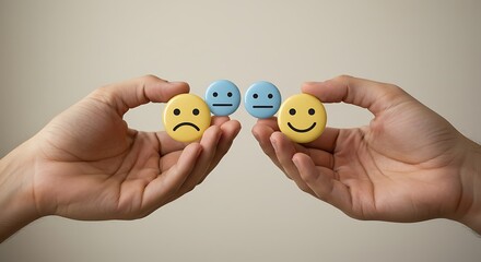 Two hands holding emoji representing various feelings. Psychology concept for mood and feelings