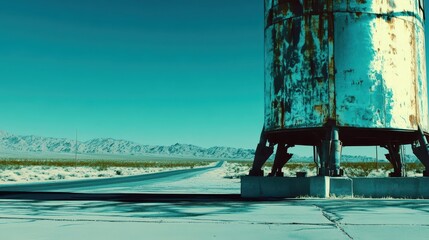 A towering metallic structure looms over a desolate desert landscape with a long straight road stretching to the mountains under a vast blue sky