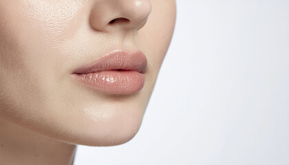 Plump, luscious lips with a soft pink gloss reflect subtle light, highlighting perfect texture and natural beauty for makeup and skincare campaigns.