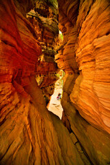 Blick durch den Canyon der Altschlossfelsen - einer Buntsandsteinformation im Pf&auml;lzerwald, Rheinland-Pfalz