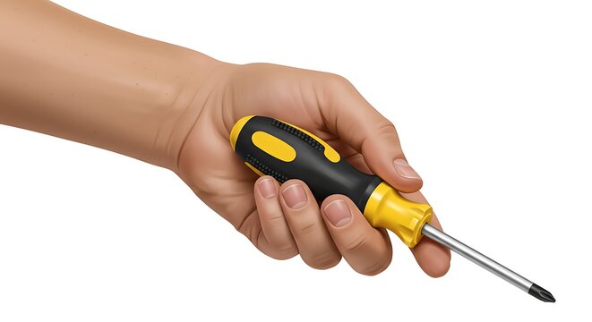 Close-up of a human hand firmly gripping a yellow and black screwdriver, showcasing essential household or professional repair and assembly tools on a clean white background