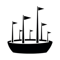 Simple Black and White Boat with Multiple Flags Icon.