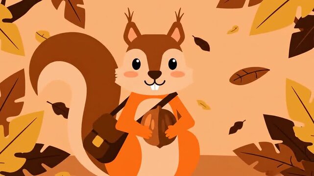 Charming Animated Squirrel Gathering Acorns In Autumnal Forest Illustration
