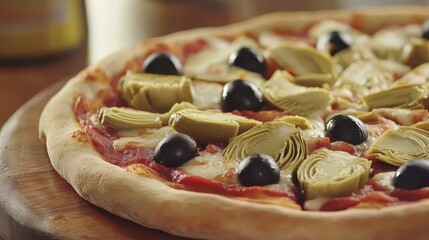 A Close Up of a Delicious Italian Pizza with Olives and Artichokes