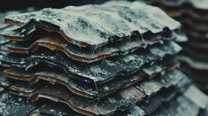 A close up view of a pile of discarded brittle roofing tiles covered in dust and aged material
