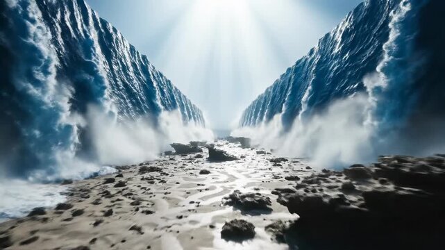 Dramatic slow motion parting of deep blue ocean water creating two towering walls on either side of a newly formed, dry seabed channel under intense light dynamics, physics, cleavage
