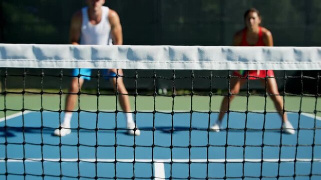 Dramatic slow motion perspective capturing a yellow pickleball skimming the very top white band of the net and changing trajectory during intense gameplay impact, racket sport, trajectory