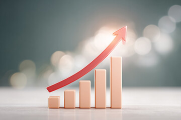 成果・業績アップを表現した3DCGの赤い棒グラフと矢印