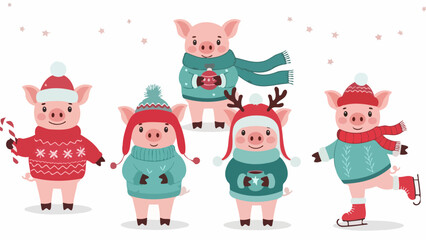 Fototapeta premium A charming illustration of five adorable pigs dressed in festive winter attire, enjoying a snowy day with holiday treats and ice skating.