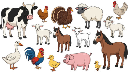 Collection of Diverse Farm Animals in a Vibrant Vector Illustration