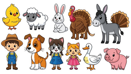 Obraz premium Charming Farm Animals and Friendly Farmer Characters in a Cheerful Vector Illustration