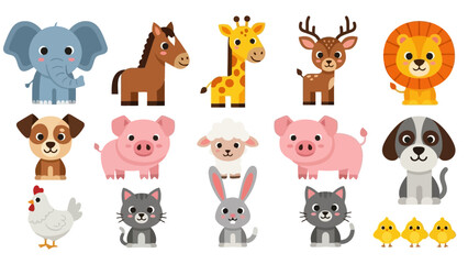 Cute Farm and Wild Animals Collection Vector Illustration