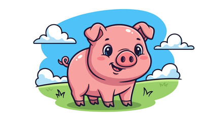 Cute Cartoon Pig Smiling in a Sunny Field with Clouds and Blue Sky Background